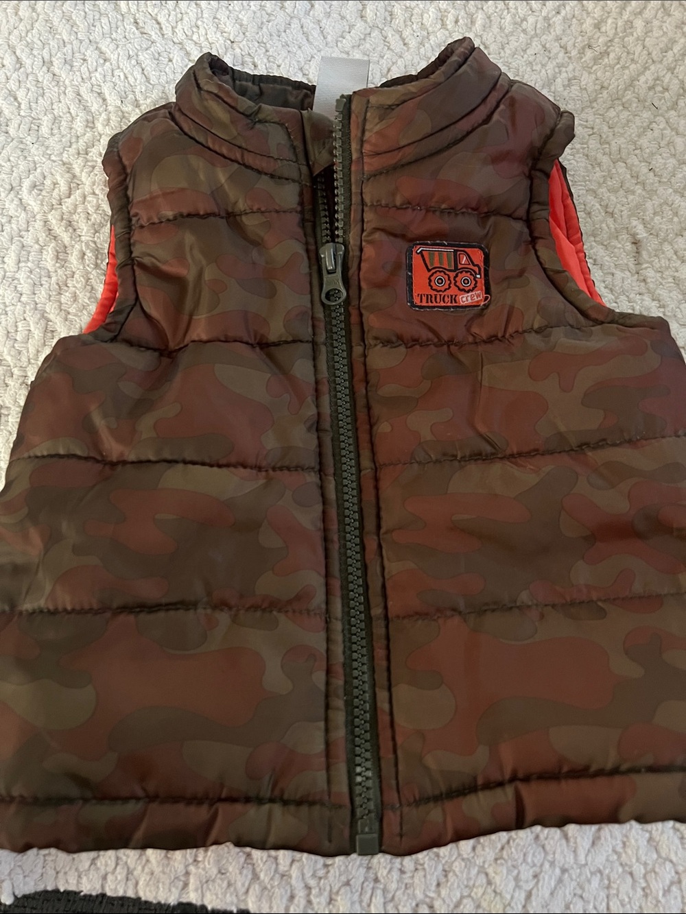 Kids Camouflage Puffer Vest in Brown with Red Trim